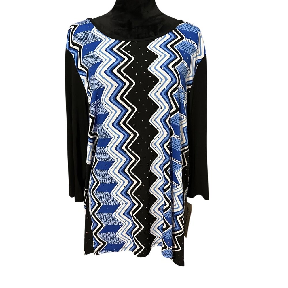 Alfred Dunner Blouse Womens XL Blue Black Geometric Print Long Sleeve Top NWT‎
